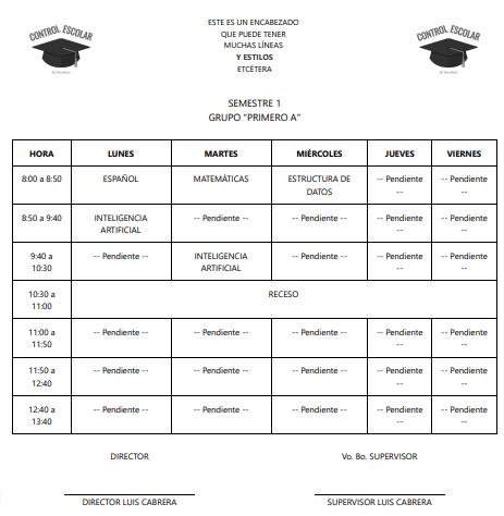 Horario de un grupo impreso en el sistema escolar web