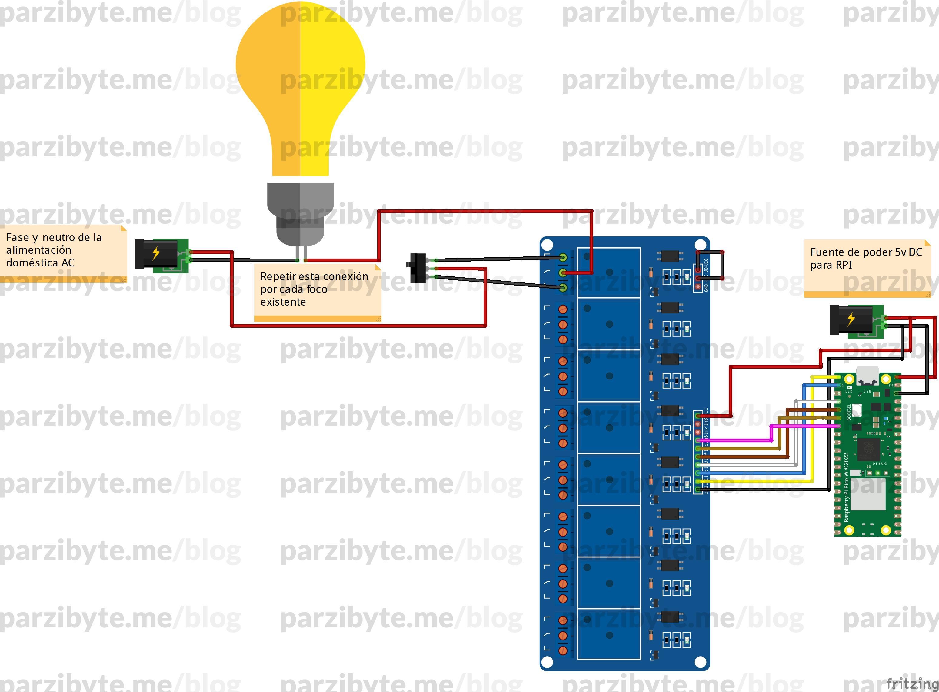 Circuito de conexión para controlar varias bombillas usando una Raspberry Pi Pico W. Se aprecia la conexión de la bombilla al apagador de 3 vías y al relevador, indicando que dicha conexión se debe repetir por cada bombilla. También se aprecia la conexión de los puertos GPIO de la RPI a los relevadores