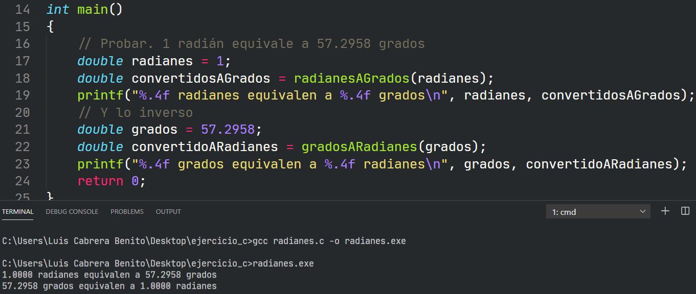 Conversión entre grados y radianes en C