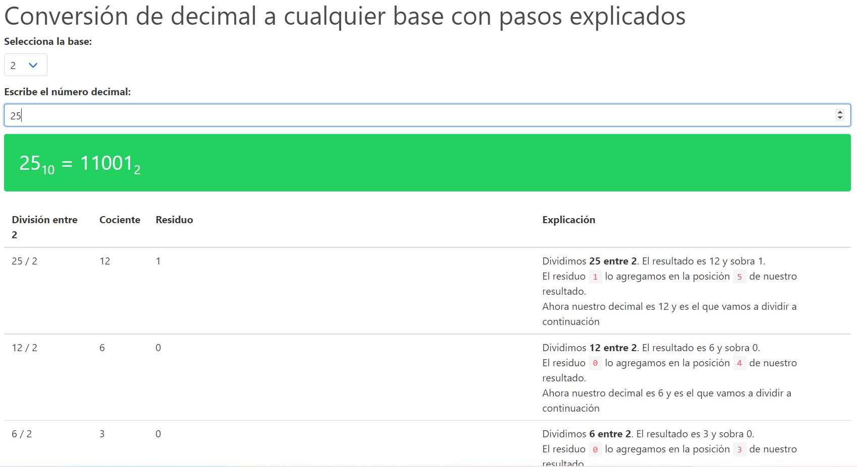 Convertir decimal a binario manualmente - App web que explica el procedimiento