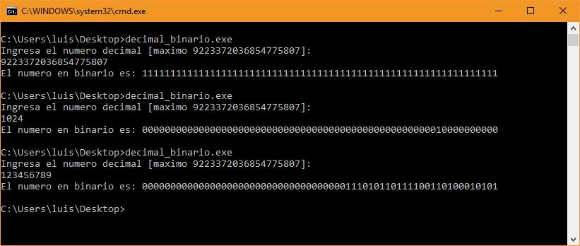 Convertir un número decimal a binario en c: con 63 bits