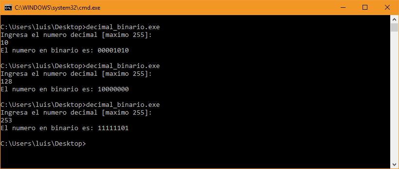 Convertir un número decimal a binario en c: con 8 bits