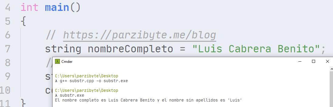Cortar cadena en C++ usando substr
