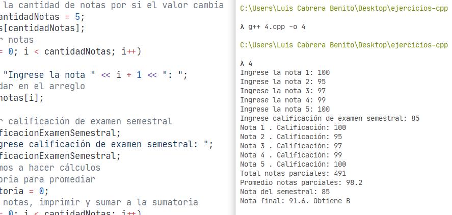 Promedio de notas y examen semestral de alumno usando CPP