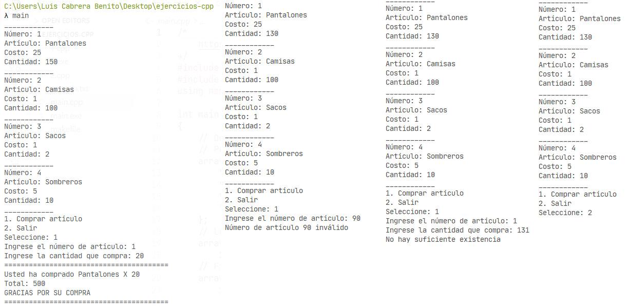 Ejecución del programa en C++. Manejo de todos los casos, compra, existencia, etcétera
