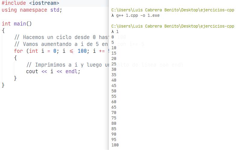 Ejercicio resuelto en C++. Imprimir números de 5 en 5 hasta el 100