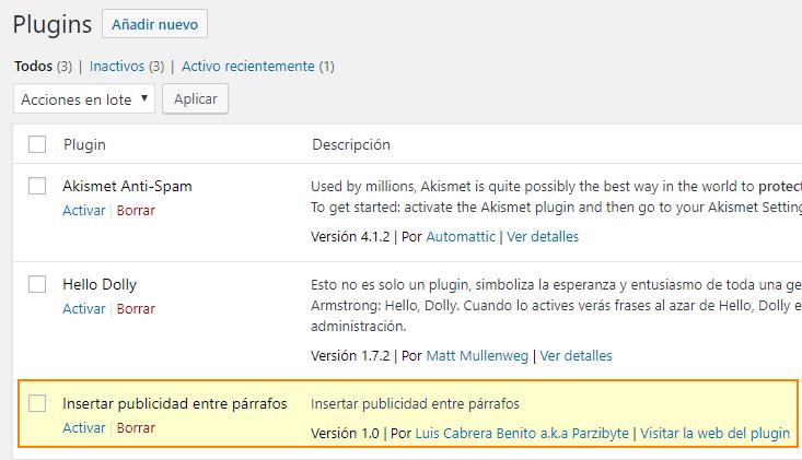 El plugin de WordPress aparece en el panel de control de WP