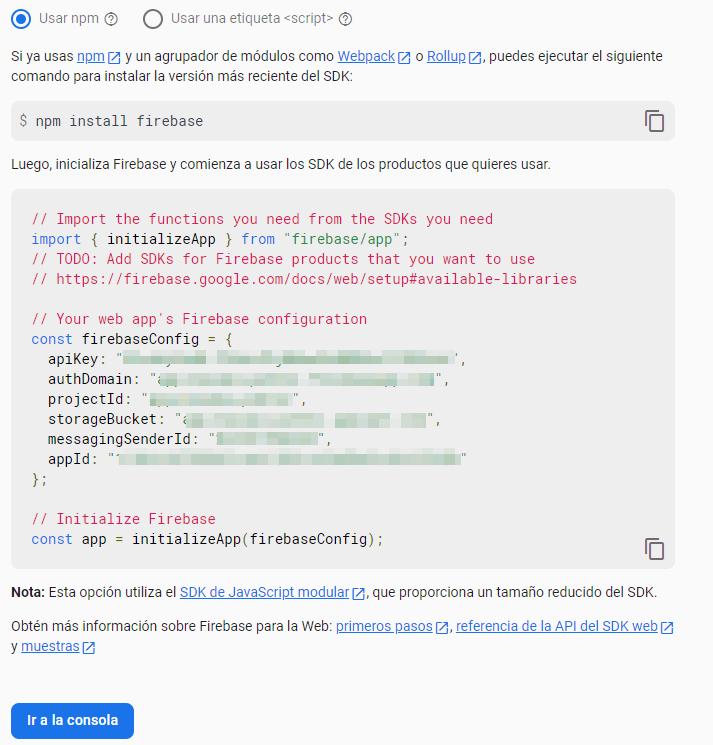 Configurar SDK de Firebase con firebaseConfig