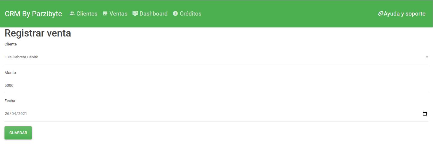 Registro de venta con monto y fecha seleccionando el cliente
