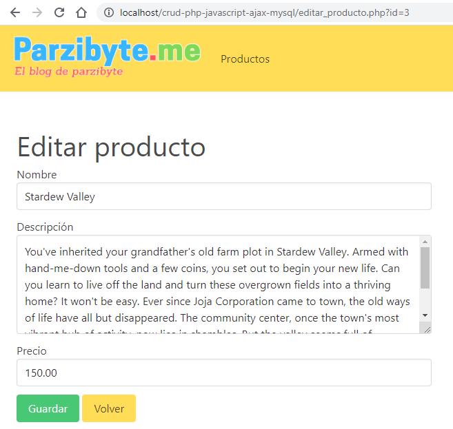 Editar producto - Ejemplo completo de conexión JavaScript con PHP y MySQL usando AJAX