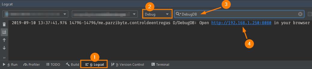 Abrir logcat para ver IP y puerto