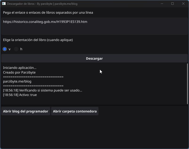 Captura de pantalla de software para descargar libros de CONALITEG como PDF. Se muestran elementos para pegar los enlaces de descarga y un botón para descargarlos