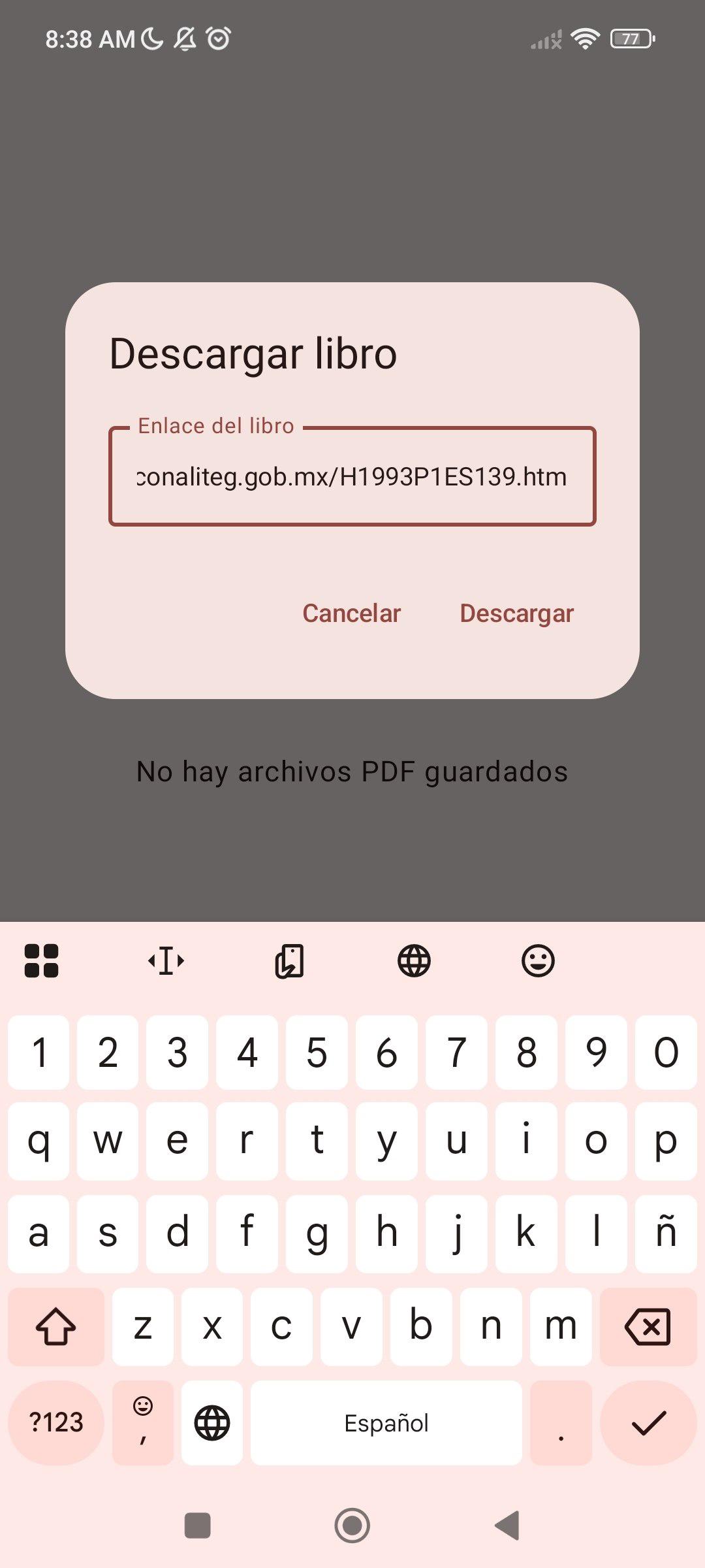 Diálogo con entrada de texto para colocar enlace de libro de la CONALITEG y descargarlo como PDF