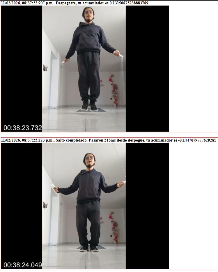 Página web que muestra fotograma exacto de usuario en el aire con la marca de tiempo. Después muestra otro fotograma del aterrizaje del usuario mostrando el frame y el tiempo