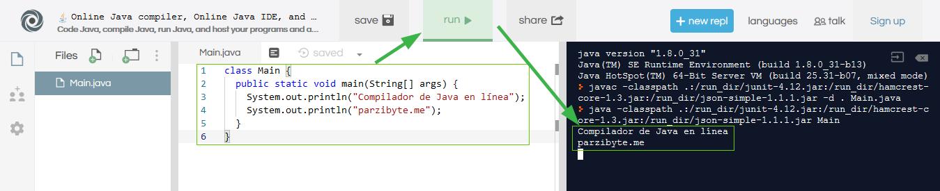 Ejecución de código Java en línea - Compilador de Java online