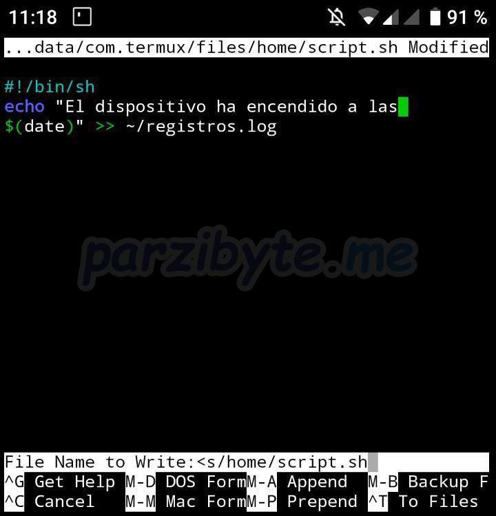 Contenido del script editando con nano