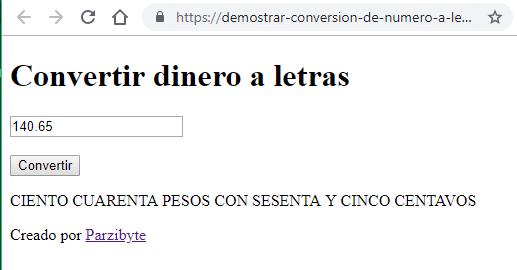 Dinero a texto en JavaScript - Demostración