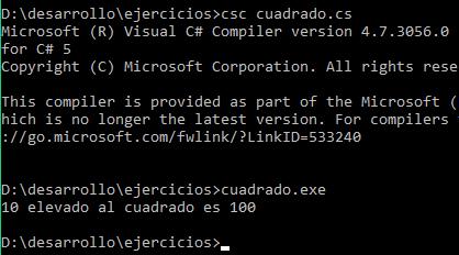 Elevar el número 10 al cuadrado con C#
