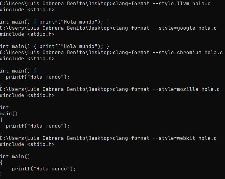 Distintos estilos al formatear código usando clang