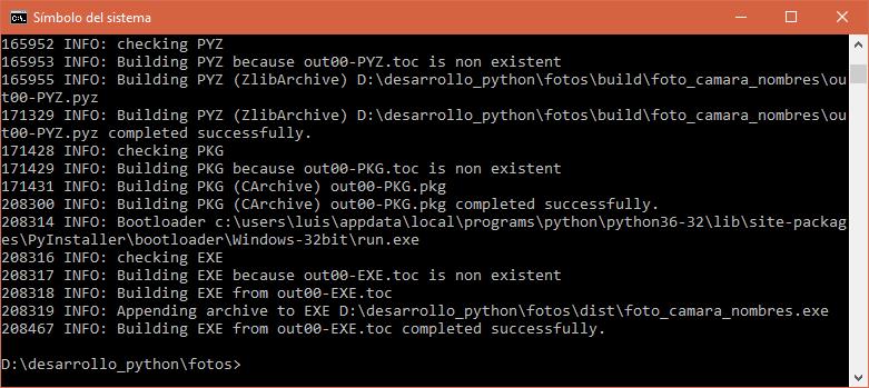Archivo ejecutable (.exe) generado con éxito