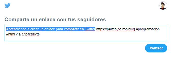 Resultado de haber creado un enlace para compartir en Twitter