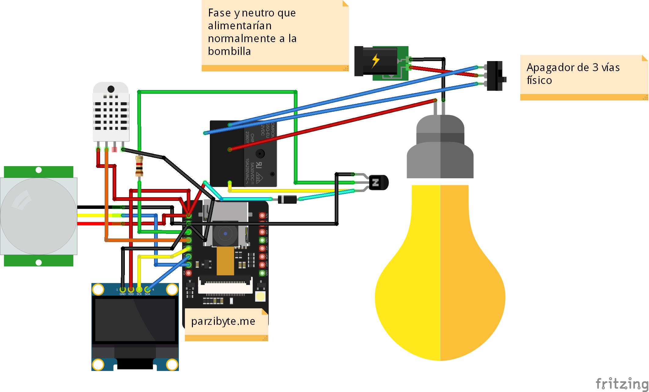 Circuito diseñado con Fritzing mostrando conexiones detalladas de ESP32-CAM con sensor infrarrojo, relevador, pantalla OLED y DHT22