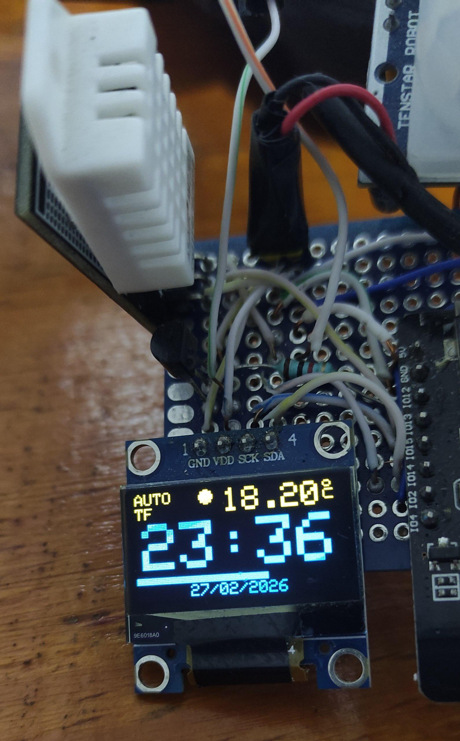 Pantalla OLED mostrando temperatura, fecha, hora, estado del sensor de presencia y barra de progreso de segundos