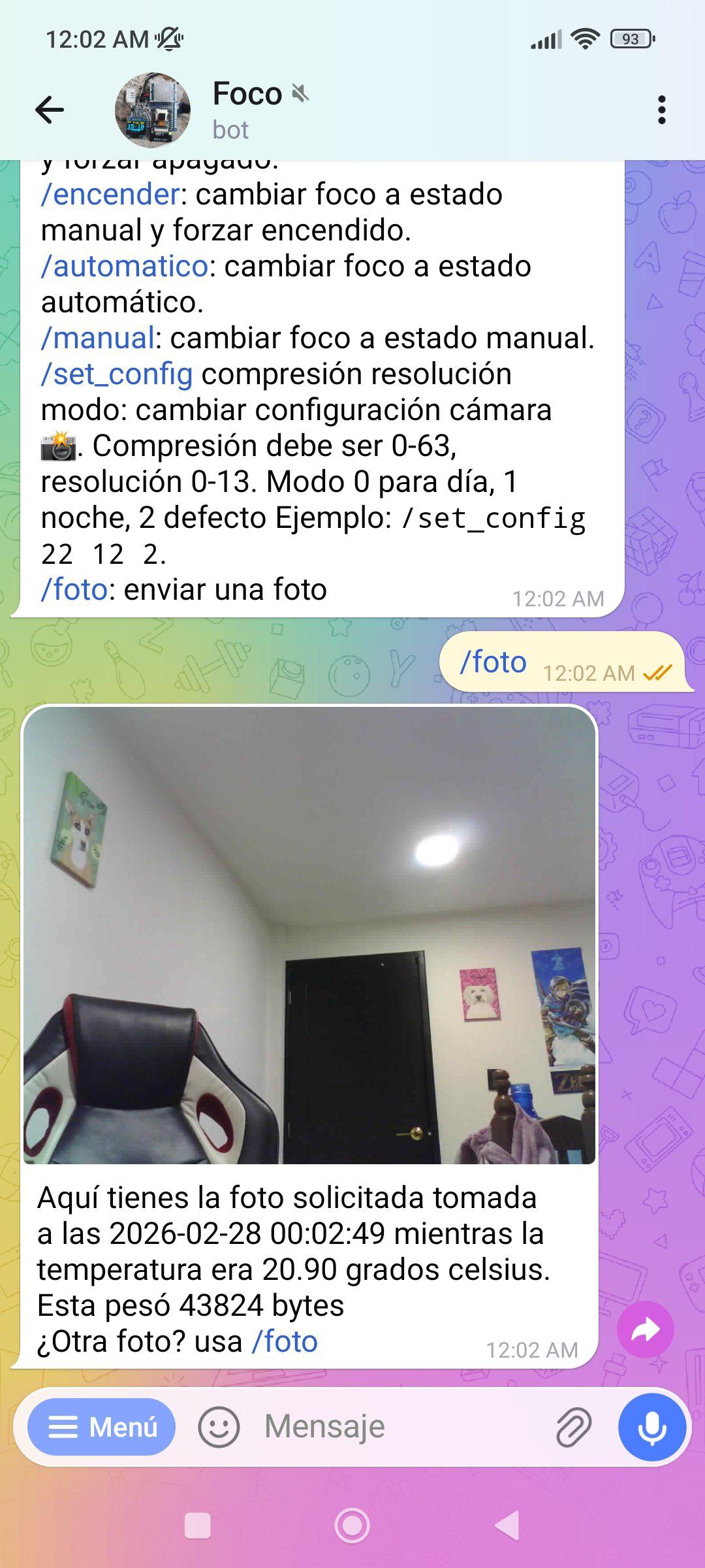 Solicitud manual de fotografía desde Telegram recibiendo imagen de la ESP32-CAM sin detección previa de infrarrojo