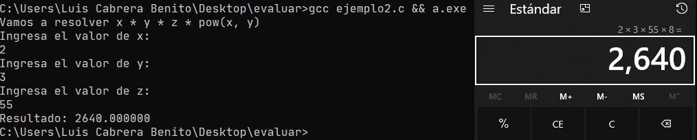 Evaluar expresión matemática en C pasando valor de las variables