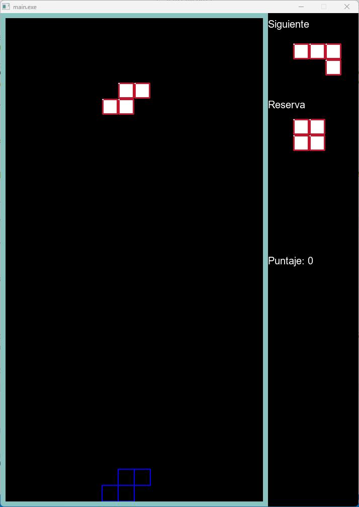 Juego Tetris en una ventana. Se muestra el tetrimino en movimiento, tetrimino siguiente, tetrimino fantasma, tetrimino de reserva y puntaje