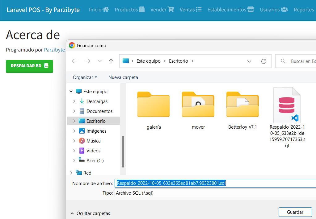 Exportar base de datos de MySQL con Laravel hacia un archivo SQL