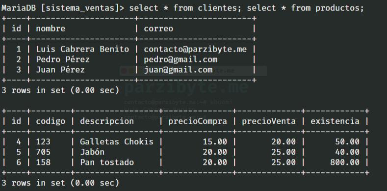 Contenido de la base de datos que vamos a exportar
