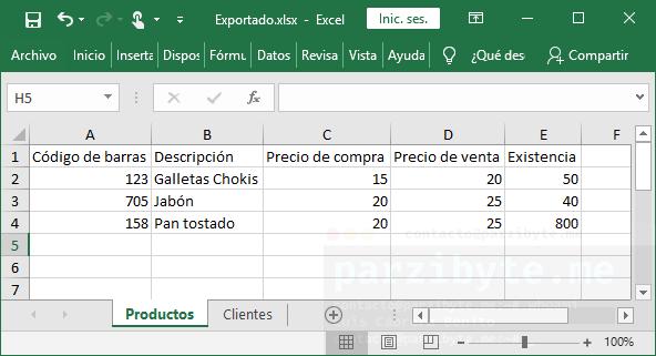 Hoja de Productos dentro de libro con contenido de MySQL