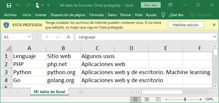 Excel generado a partir de tabla HTML con JavaScript y TableExport