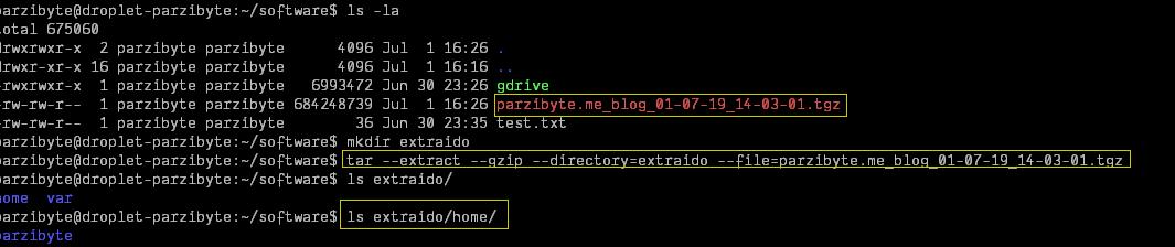 Ejecutar tar con opciones para extraer archivo de backup
