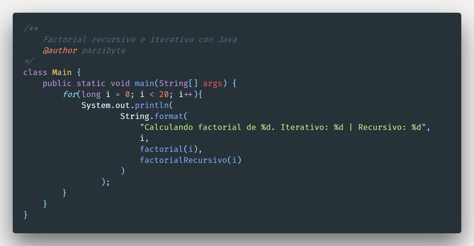 Factorial con recursión y ciclo while en Java