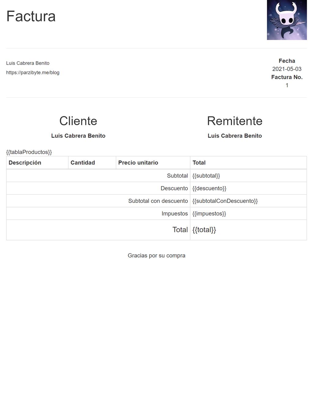 Diseño de plantilla de factura HTML para convertir a PDF con Node