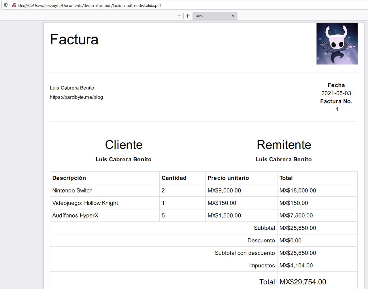 Factura PDF creada con Node.js, JavaScript y html-pdf