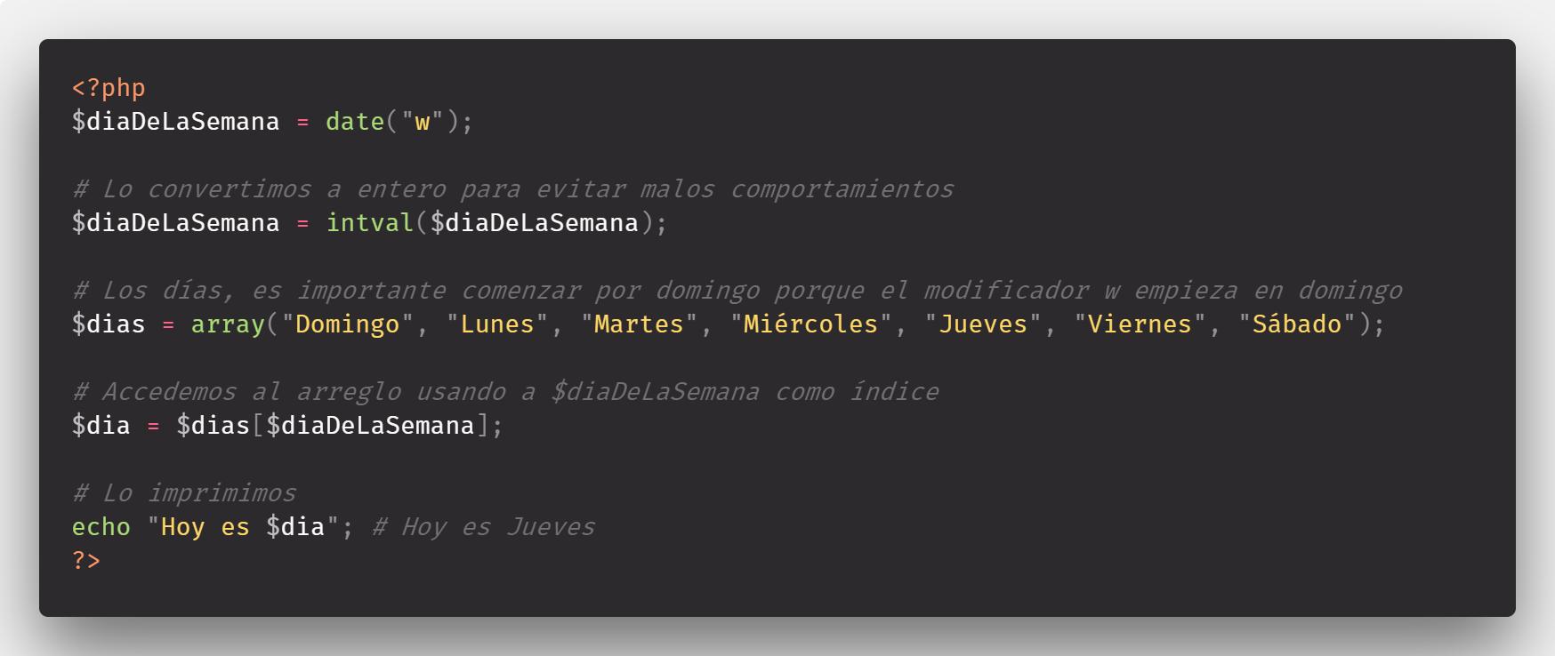 Día de la semana en PHP con date y arreglos