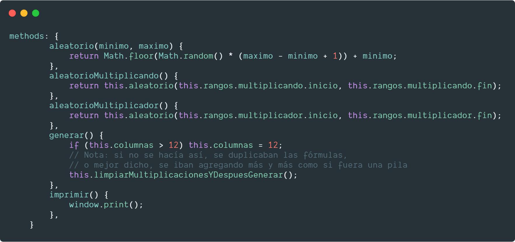 Código del generador de multiplicaciones - números aleatorios con JS