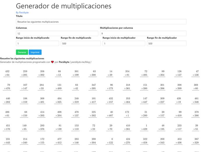 Generador de multiplicaciones online - Ejercicios de matemáticas