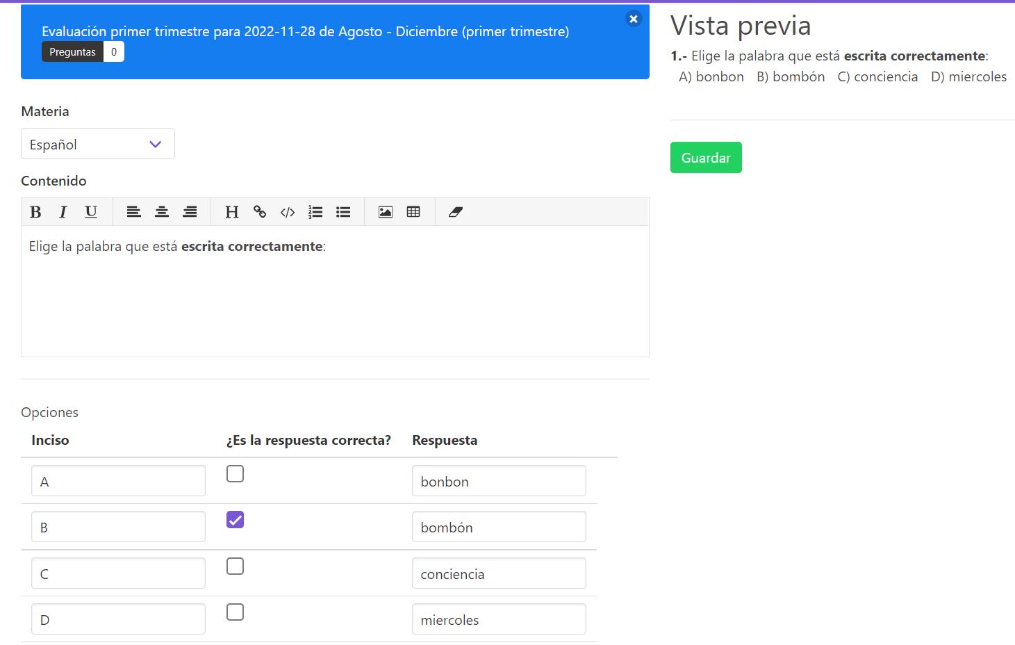 Agregar pregunta a examen y elegir posibles respuestas con la correcta usando editor WYSIWYG