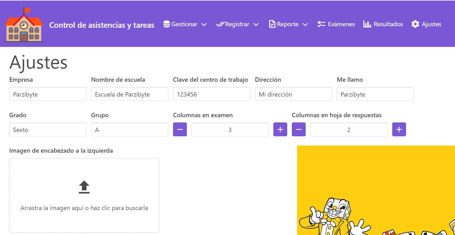 Ajustes del sistema web para crear y calificar exámenes