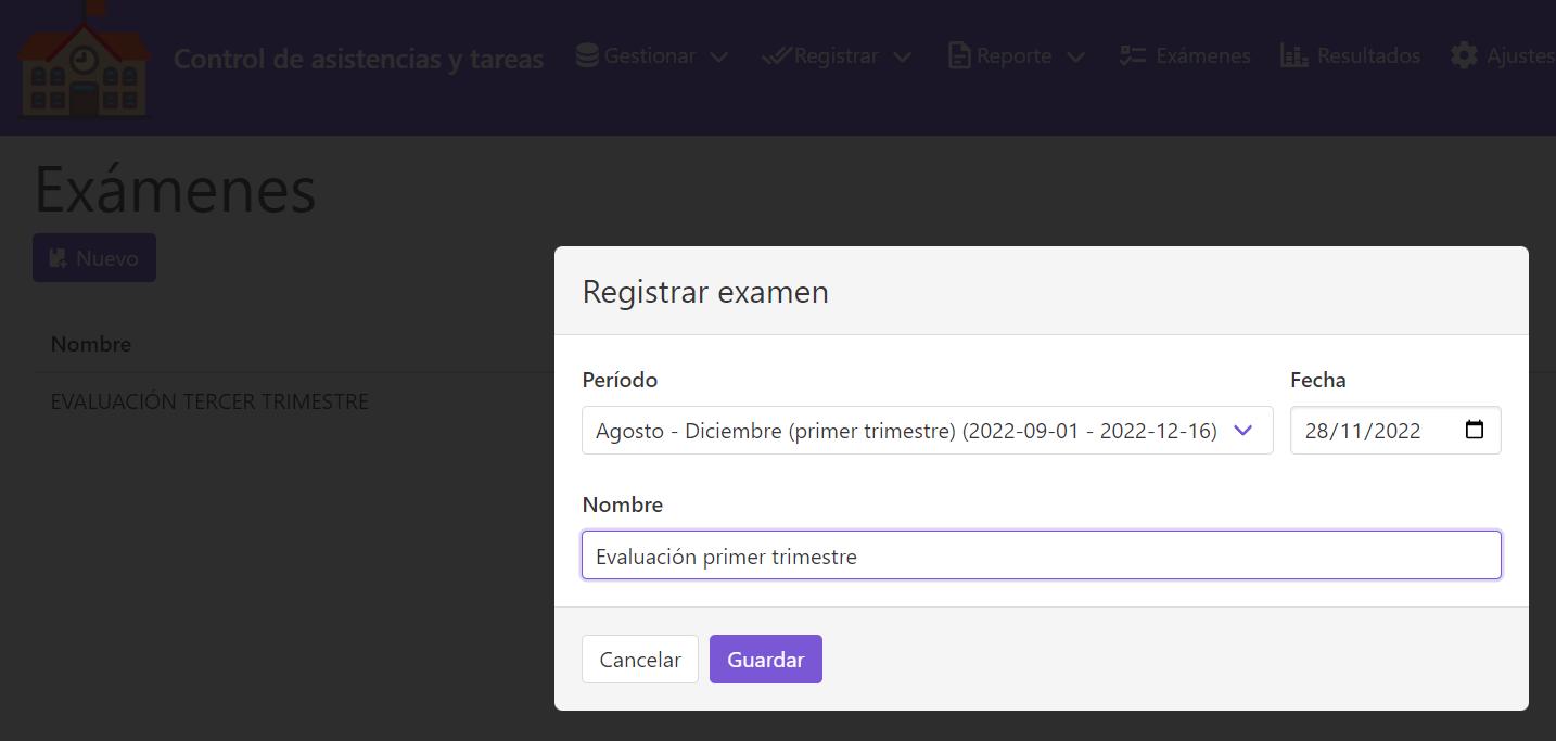 Crear nuevo examen en control escolar - Elegir período y fecha