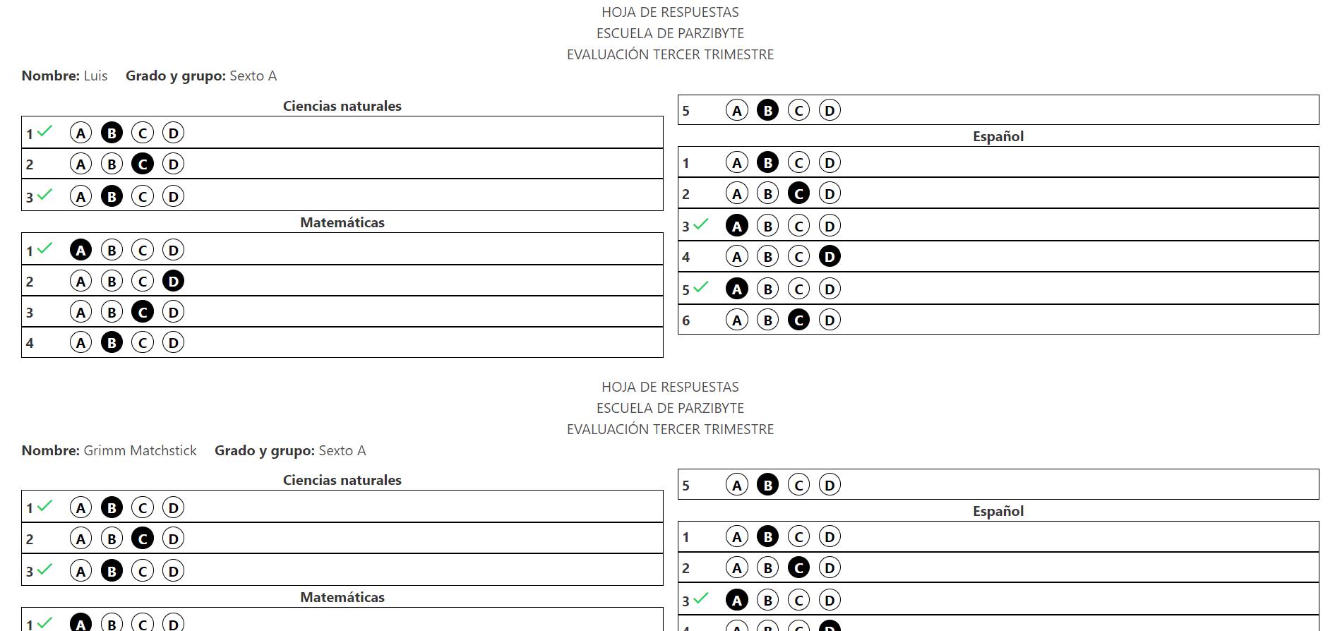 Imprimir hoja de respuestas calificada según solución de alumno