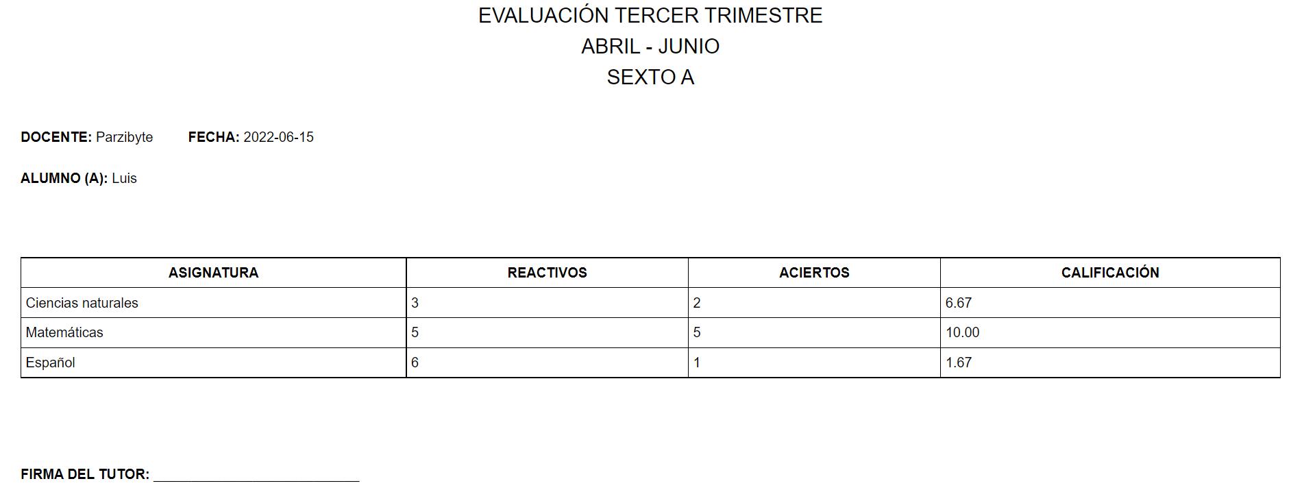 Portada de examen calificada con aciertos y calificación de alumno