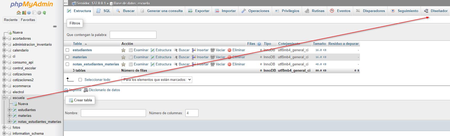 Ir a diseño de base de datos en phpmyadmin