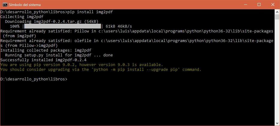 Instalación exitosa de img2pdf