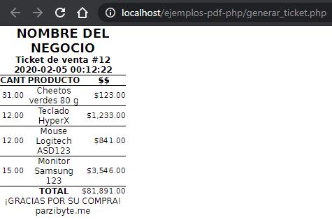 HTML generado para ticket en PHP