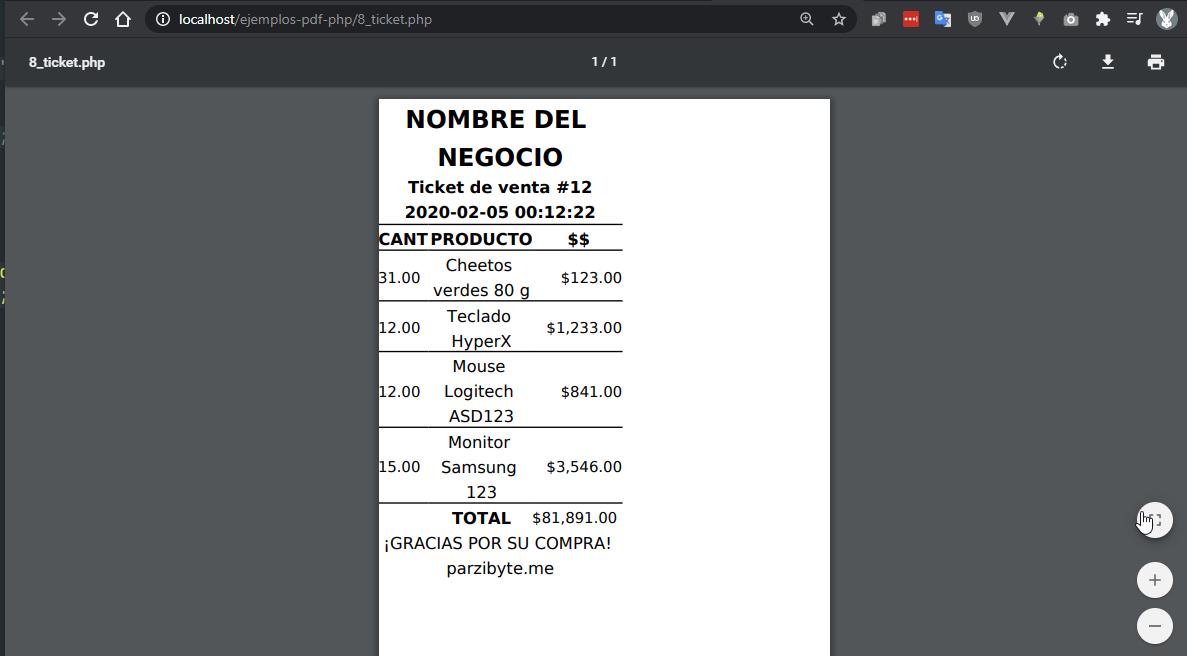 Ticket PDF generado con PHP - Listo para imprimir